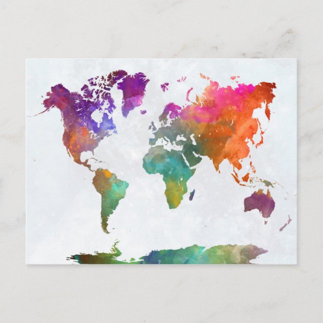 Cartão Postal Mapa Mundial da Aquarela (Frente)