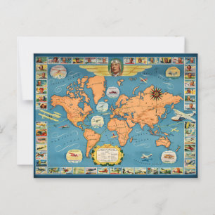 Cartão Postal Mapa Mundial da Aviação Vintage