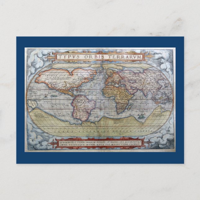 Cartão Postal Mapa Mundial de 1572 Typus Orbis Terrarum Ortelius (Frente)