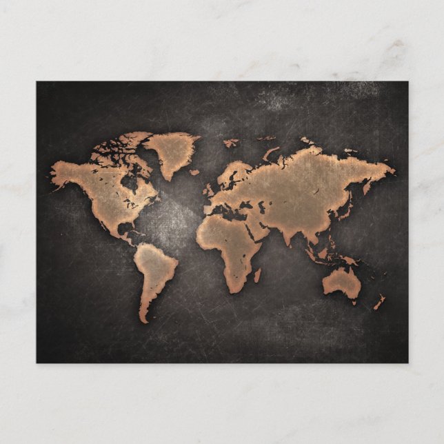 Cartão Postal Mapa mundial de couro geográfico castanho (Frente)
