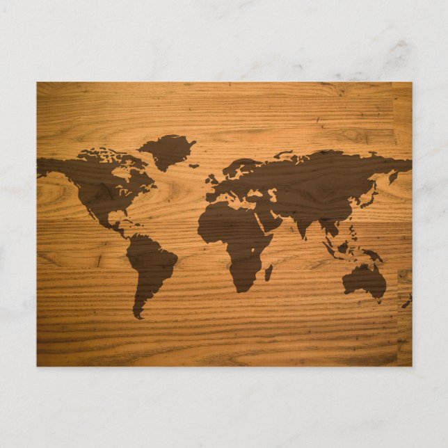 Cartão Postal Mapa Mundial de Grãos de Madeira (Frente)