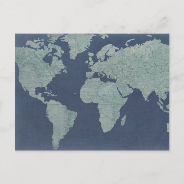 Cartão Postal Mapa Mundial de Linen Azul (Frente)