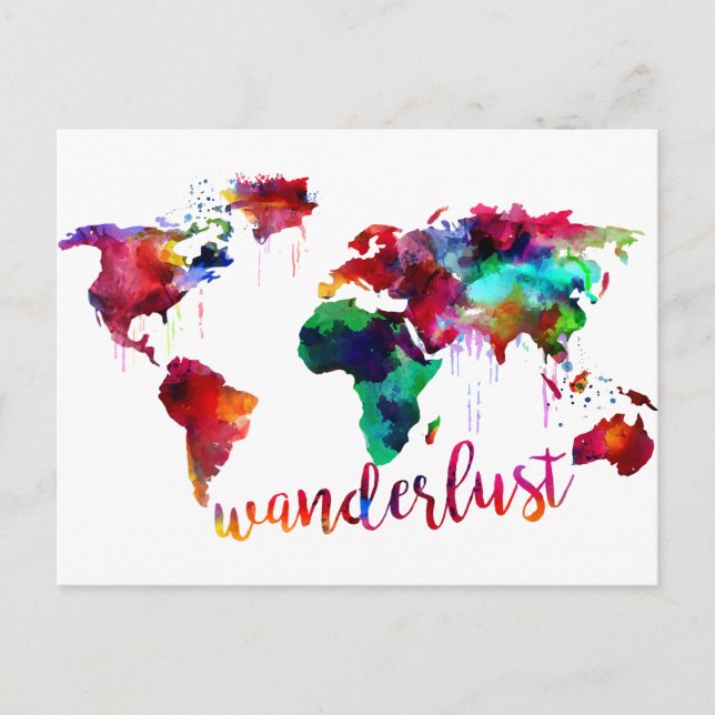 Cartão Postal Mapa Mundial de Wanderlust da Aquarela (Frente)