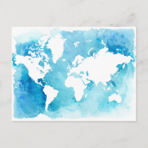Cartão Postal Mapa Mundial em Blues de Aquarela