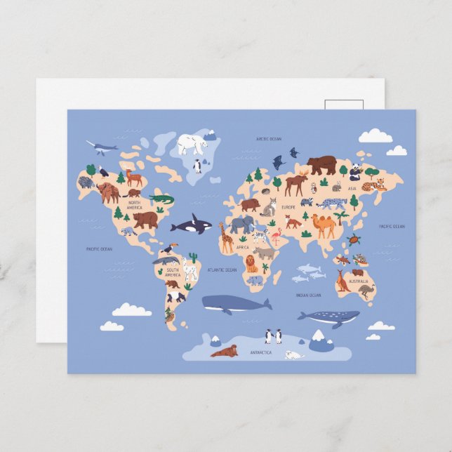 Cartão Postal mapa mundial infantil com animais (Frente/Verso)