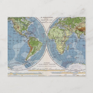 Cartão Postal Mapa Mundial mostrando Alturas da Profundidade da
