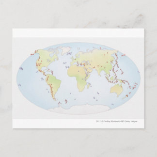 Cartão Postal Mapa mundial mostrando locais de atividade vulcâni