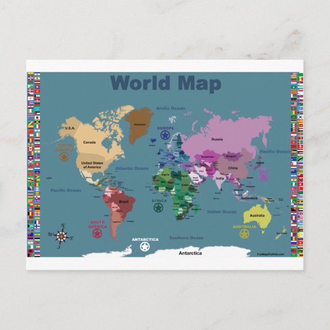 Cartão Postal Mapa Mundial para Crianças com Sinalizadores (Frente)