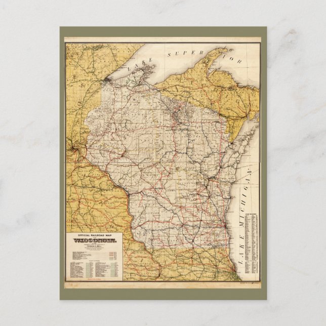 Cartão Postal Mapa Oficial dos Caminhos de Ferro de Wisconsin (1 (Frente)