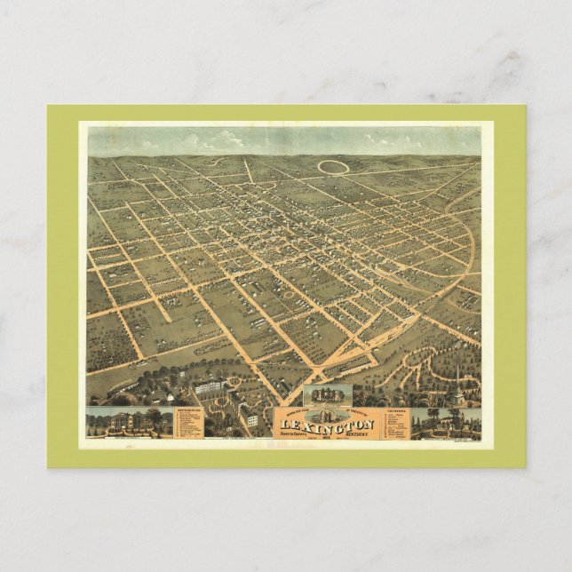Cartão Postal Mapa Panorâmico Antiquado do Lexington KY 1871 (Frente)