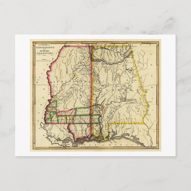 Cartão Postal Mapa Panorâmico do Mississippi e Alabama (Frente)