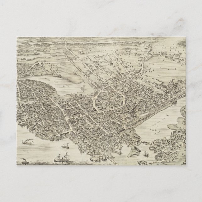 Cartão Postal Mapa Pictórico de Portsmouth NH (1877) (Frente)