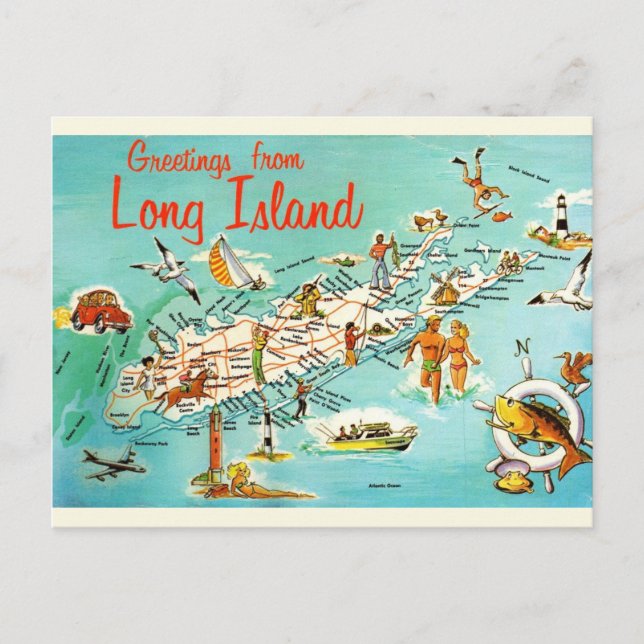 Cartão Postal Mapa Retro de Long Island (Frente)