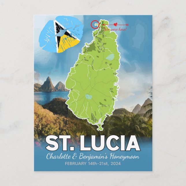 Cartão Postal Mapa Romântico do Caribe de Lua de Mel Santa Lúcia (Frente)