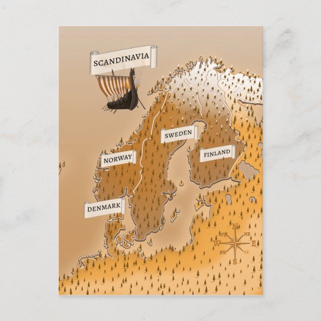 Cartão Postal Mapa Sepia Da Escandinávia (Frente)