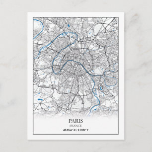 Cartão Postal Mapa Simples de Viagem da Cidade de Paris França