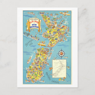 Cartão Postal Mapa Turístico Antigo da Nova Zelândia