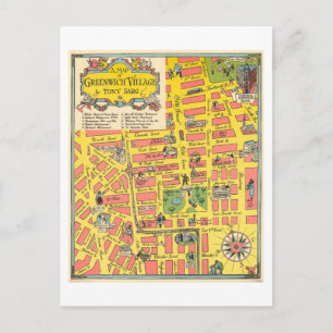 Cartão Postal Mapa Turístico Antigo de Greenwich Village, Nova Y