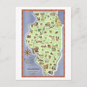Cartão Postal Mapa Turístico Antigo de Illinois
