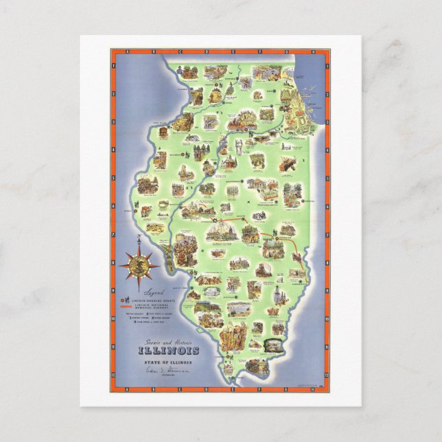 Cartão Postal Mapa Turístico Antigo de Illinois (Frente)