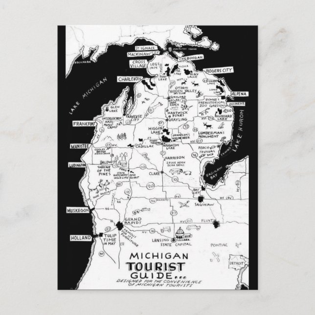 Cartão Postal Mapa turístico de Michigan (Frente)