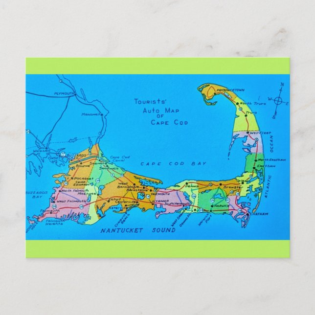 Cartão Postal Mapa turístico do Antigo Cabo Cod (Frente)