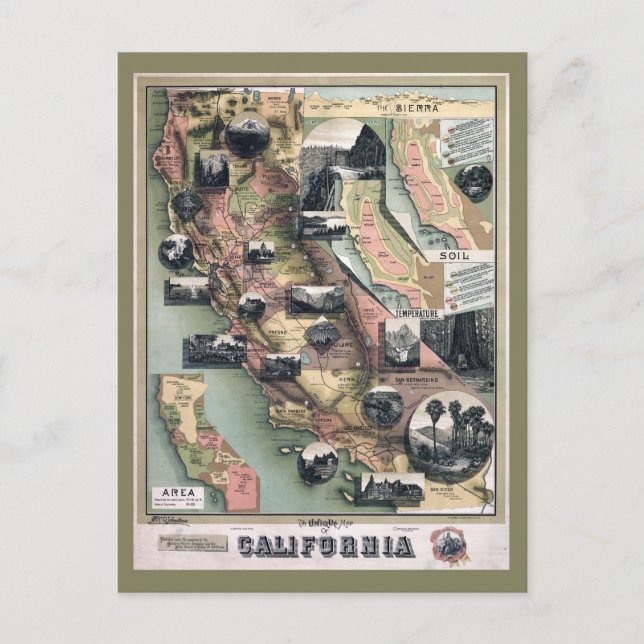 Cartão Postal Mapa Único da Califórnia (1888) (Frente)