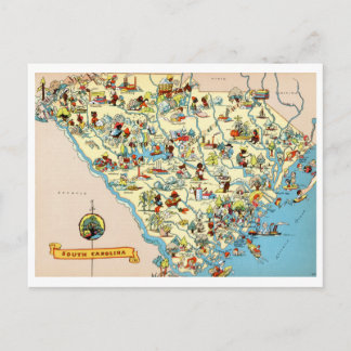 Cartão Postal Mapa Vintage da Carolina do Sul