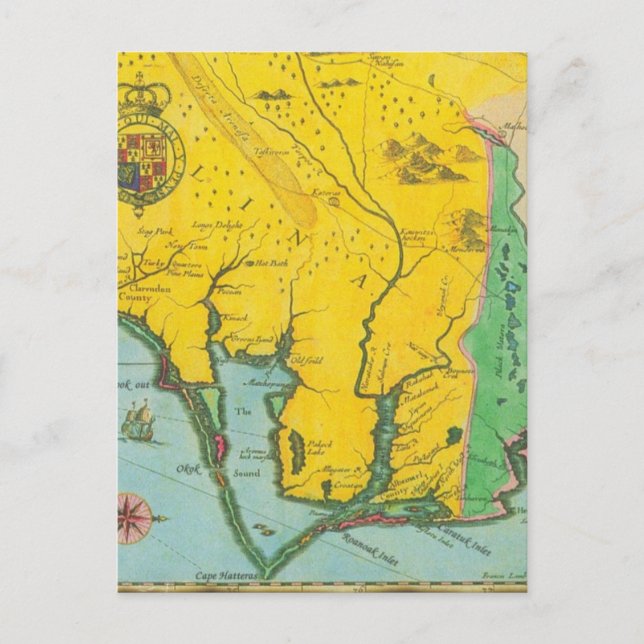 Cartão Postal Mapa Vintage da Costa Carolina (Frente)