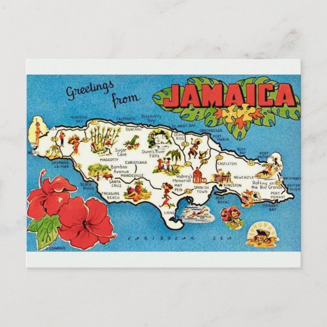 Cartão postal mapa vintage da ilha da Jamaica  (Frente)