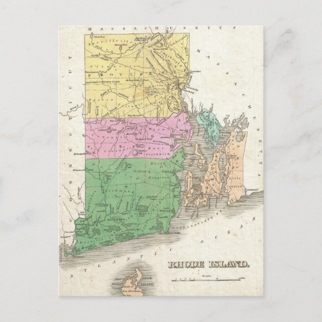 Cartão Postal Mapa Vintage da Ilha Rhode (1827) (Frente)