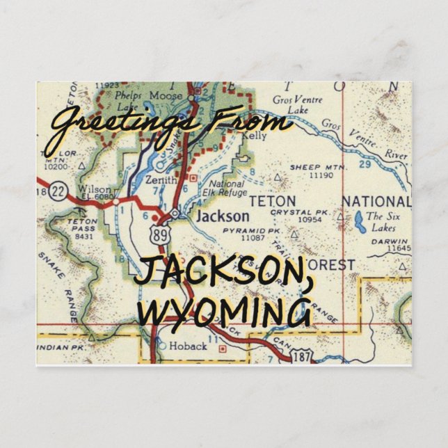 Cartão Postal Mapa Vintage de Jackson Wyoming (Frente)