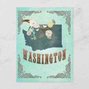 Cartão Postal Mapa Vintage de Washington - Azul Turquesa