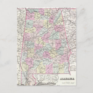 Cartão Postal Mapa Vintage do Alabama (1855)