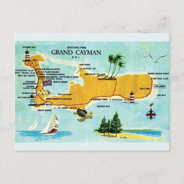 Cartão Postal Mapa Vintage Grand Cayman (Frente)