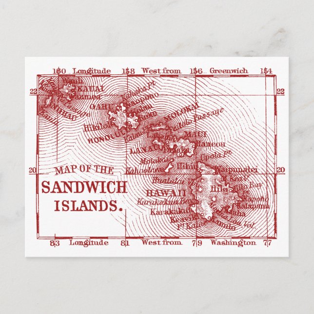 Cartão Postal Mapa Vintage Hawaii, Vermelho (Frente)