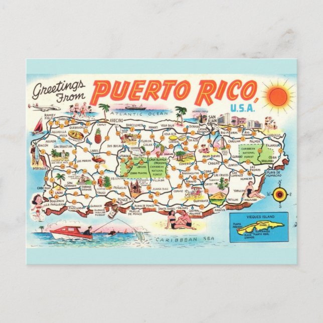 Cartão Postal Mapa Vintage Porto Rico (Frente)