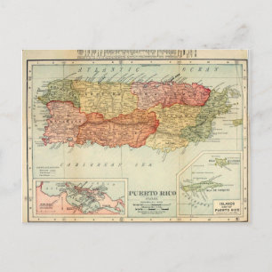 Cartão Postal Mapa Vintage Porto Rico, 1898