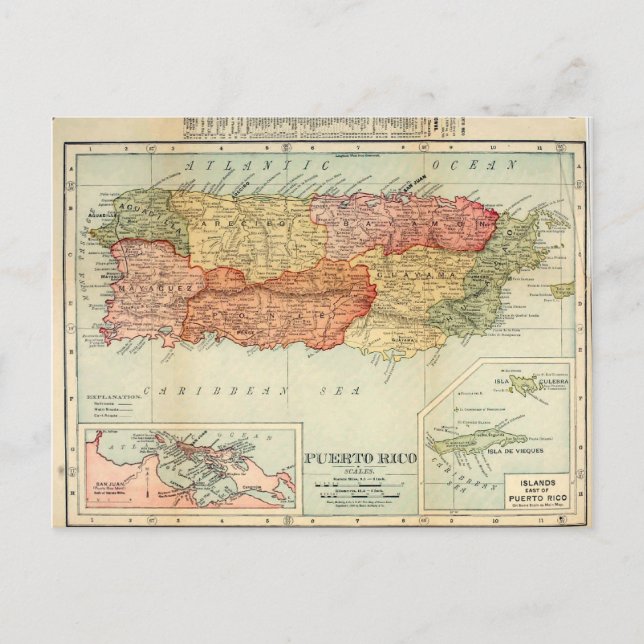 Cartão Postal Mapa Vintage Porto Rico, 1898 (Frente)
