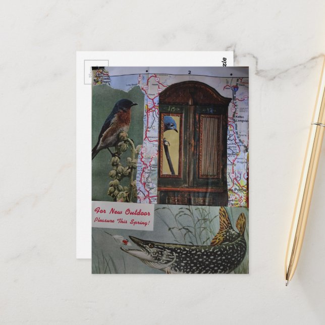 Cartão Postal Mapas com Colagem Retro de Pássaros e Peixes (Frente/Verso In Situ)