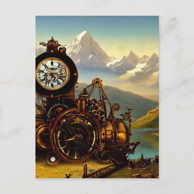 Cartão Postal Máquina do Tempo Steampunk em Alpes Suíços de Fant (Frente)