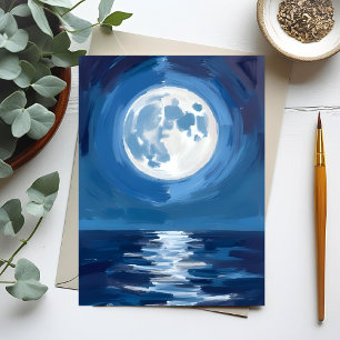 Cartão Postal Mar com luar   Reflexão em aquarela da noite no oc