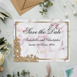 Cartão Postal Marble Rosa e Casamento Pérola Salvem a Data