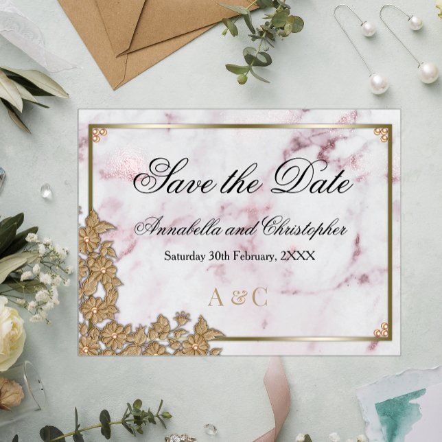 Cartão Postal Marble Rosa e Casamento Pérola Salvem a Data (Criador carregado)