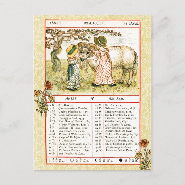 Cartão Postal Março de 1884 Almanac.  Aries, A Ram (Frente)