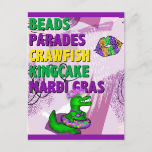 Cartão Postal Mardi Gras Alligator Purple Green Dourado