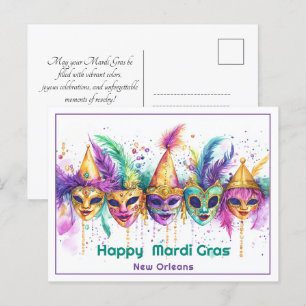 Cartão Postal 💚 💜 💛 Mardi Gras aquarela Cajun Carnaval Chaos