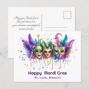 Cartão Postal 💚 💜 💛 Mardi Gras, aquarela Harlequin Havoc
