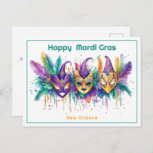 Cartão Postal 💚 💜 💛 Mardi Gras aquarela Mascarada Miscador (Frente/Verso)