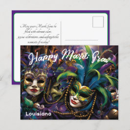 Cartão Postal 💚 💜 💛 Mardi Gras com belas máscaras